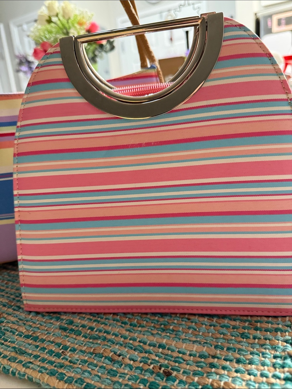 3 bagBundle.  Pink Striped Dome Mini Bag with Metal Handle larger multi.Boutique